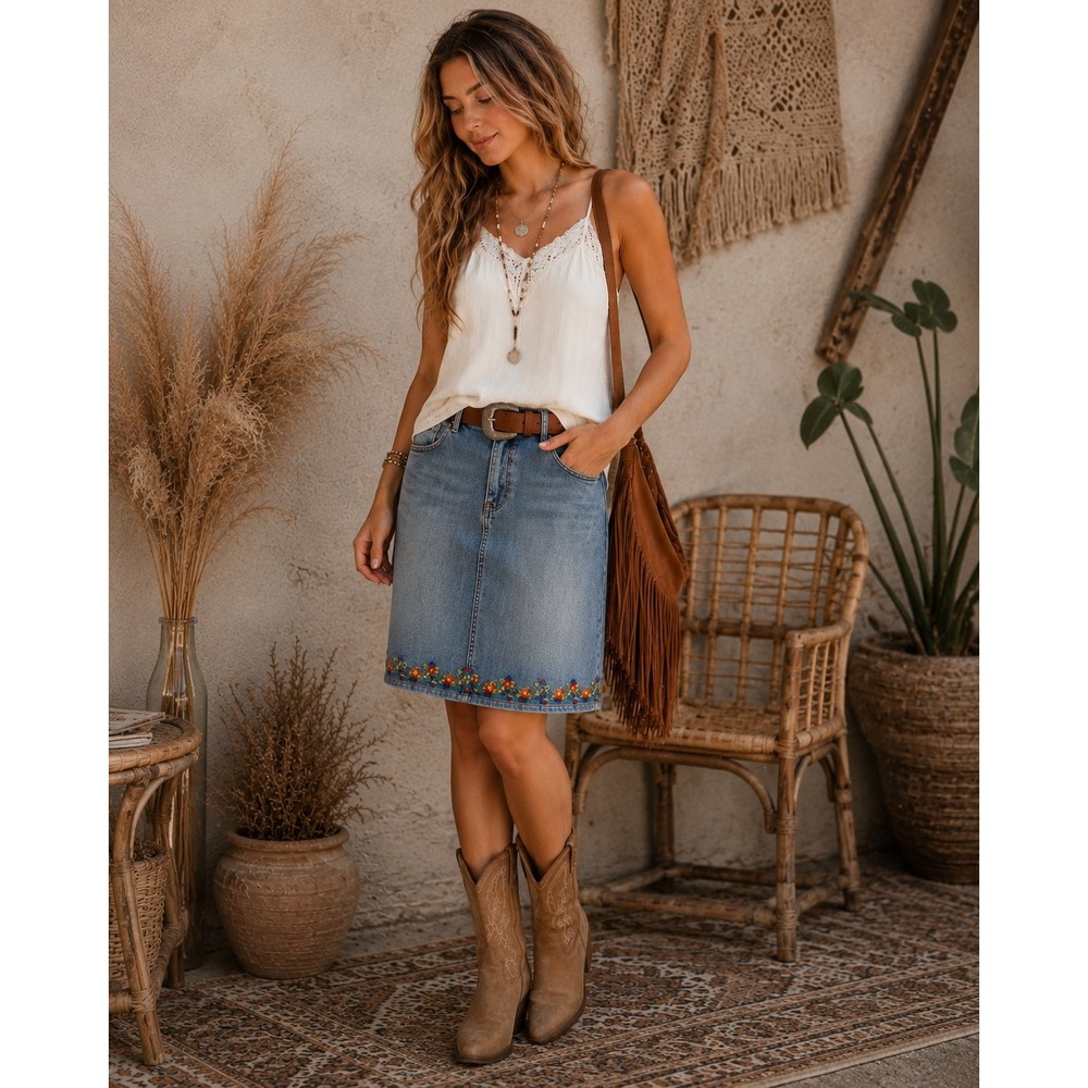NYDJ Embroidered Denim Skirt Boho Cottagecore Western Floral Size 14W